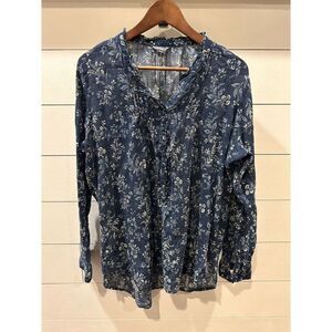 Eddie Bauer Women's Blue Floral V-Neck Blouse Long Sleeve Button Detail Size L